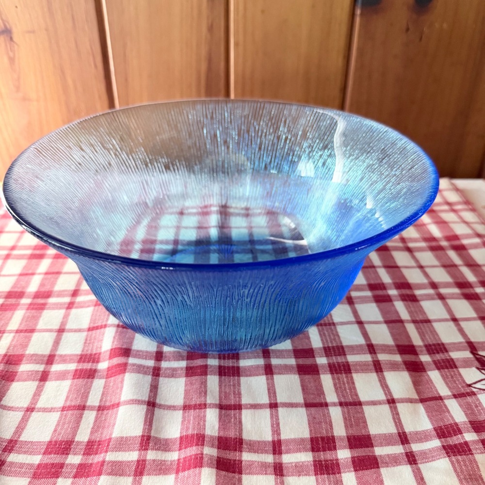 Unbranded Glass Serving Bowl Unisex 10in Blue Excellent Iridescent Ribbed Cobalt
